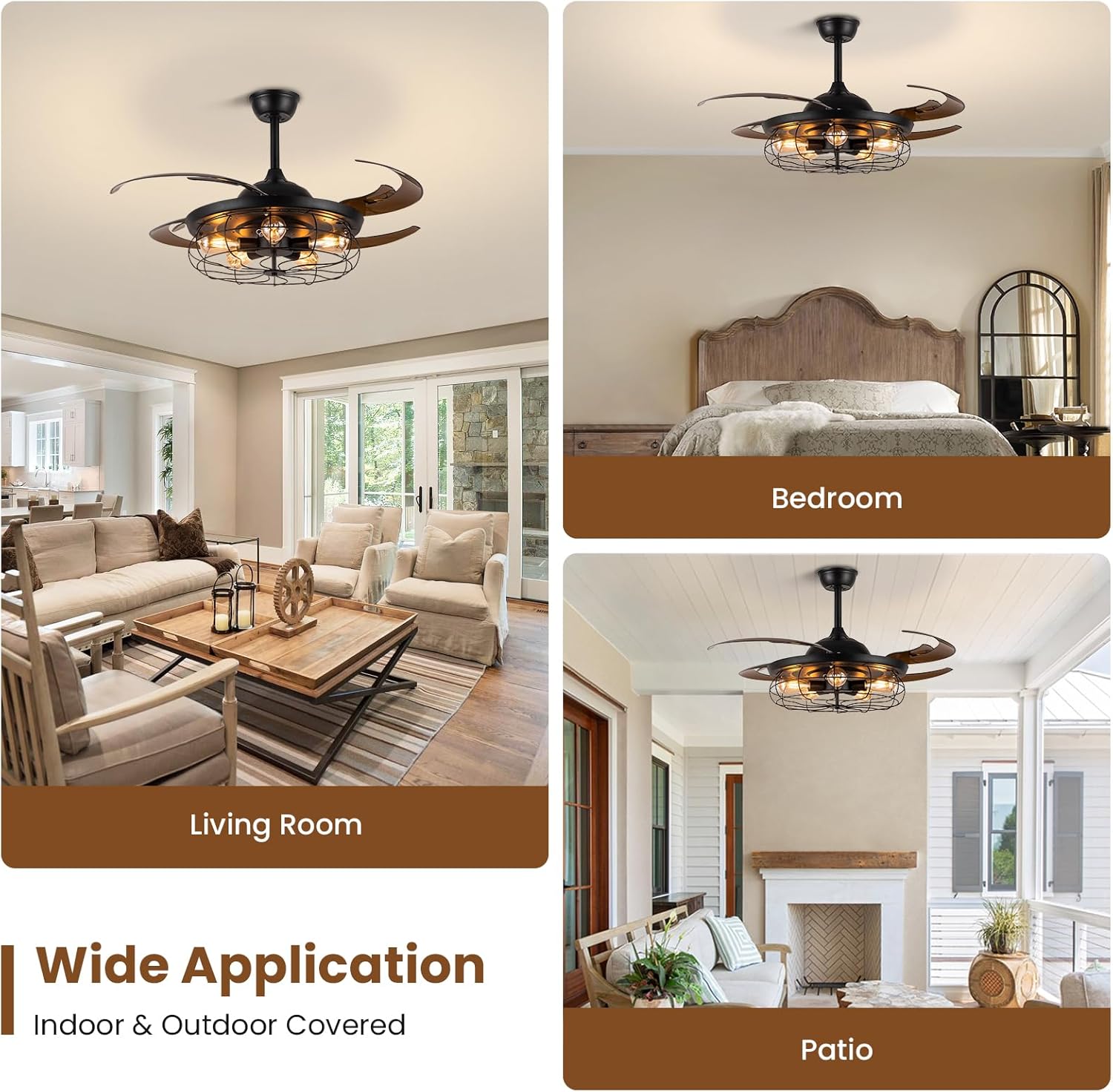 Siljoy Retractable Ceiling Fan with Lights Black Industrial Caged Ceiling Fan with Remote Controller Farmhouse Chandelier Fan with Lights for Living Room Bedroom Patio (48 Inches, 5 Lights)