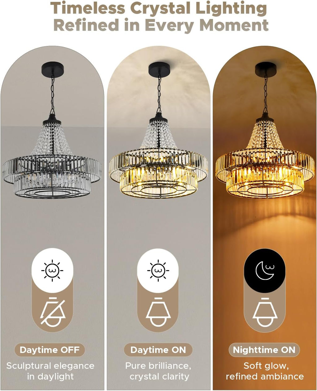 24 Inch Crystal Caged Double Layer Fandelier, Large Modern Chandelier Ceiling Fan with Light and Remote, Luxury Fandelier for Living Room, Bedroom, Reversible DC Motor, Height-Adjustable (Black)