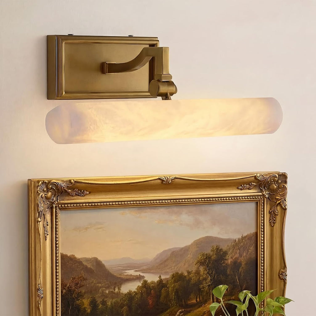 12in Alabaster Picture Light for Wall Art, Brushed Gold Art Display Light, Natural Marble Bathroom Vanity Lights, Modern Dimmable Brass Hardwired Picture Frame Light for Paintings, Poster, Library