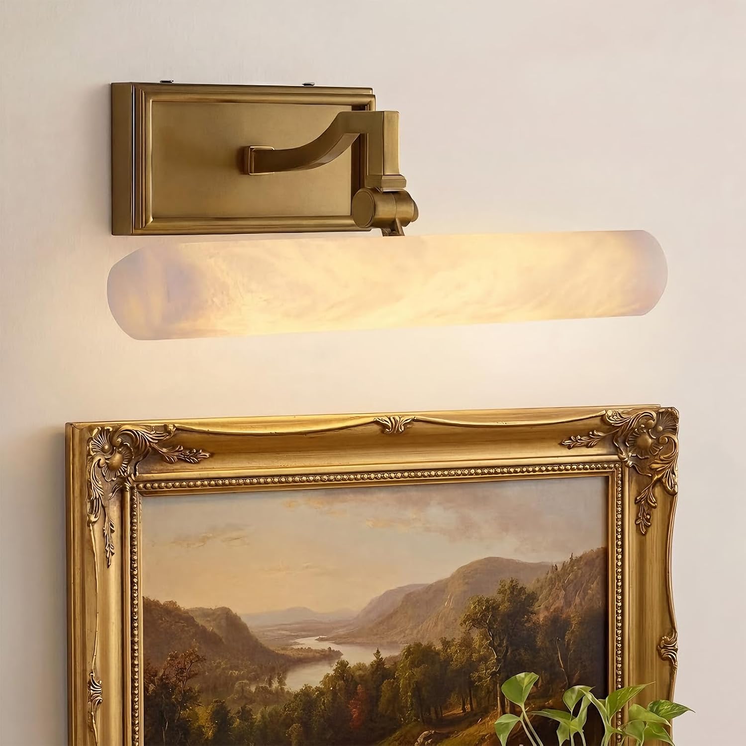 12in Alabaster Picture Light for Wall Art, Brushed Gold Art Display Light, Natural Marble Bathroom Vanity Lights, Modern Dimmable Brass Hardwired Picture Frame Light for Paintings, Poster, Library