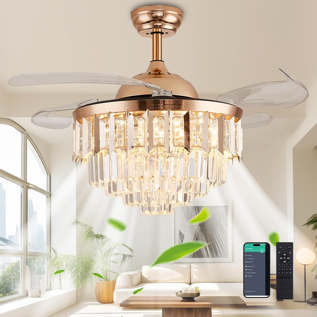 48' Dimmable Gold Fandelier Crystal LED Ceiling Fans with Lights and Remote Modern Retractable Blade Ceiling Lighting Fan Kit for Bedroom Dinning Room Living Room