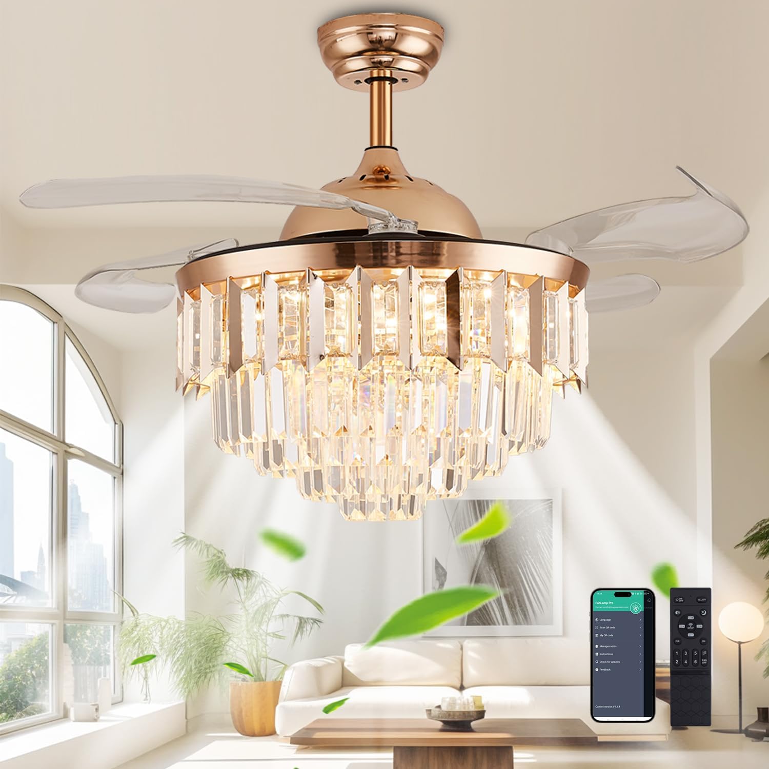 48' Dimmable Gold Fandelier Crystal LED Ceiling Fans with Lights and Remote Modern Retractable Blade Ceiling Lighting Fan Kit for Bedroom Dinning Room Living Room