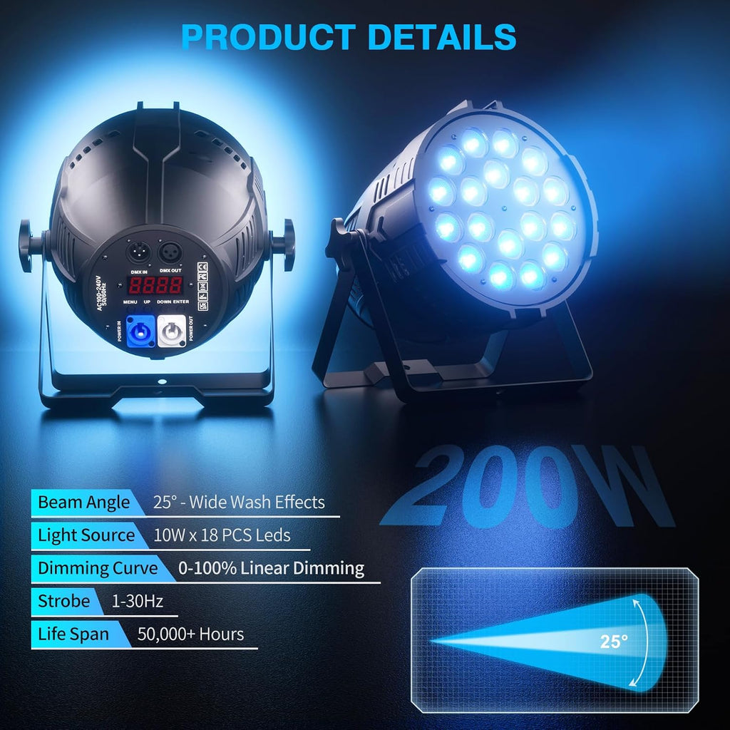 200 W Stage Par Lights, RGBL 4-in-1 LED Par Can Light with DMX512 Sound Activated Controlled Aluminum LED Uplights, Stage Lights for Parties DJ Wedding Festival Events Church Theater(2 Pack)