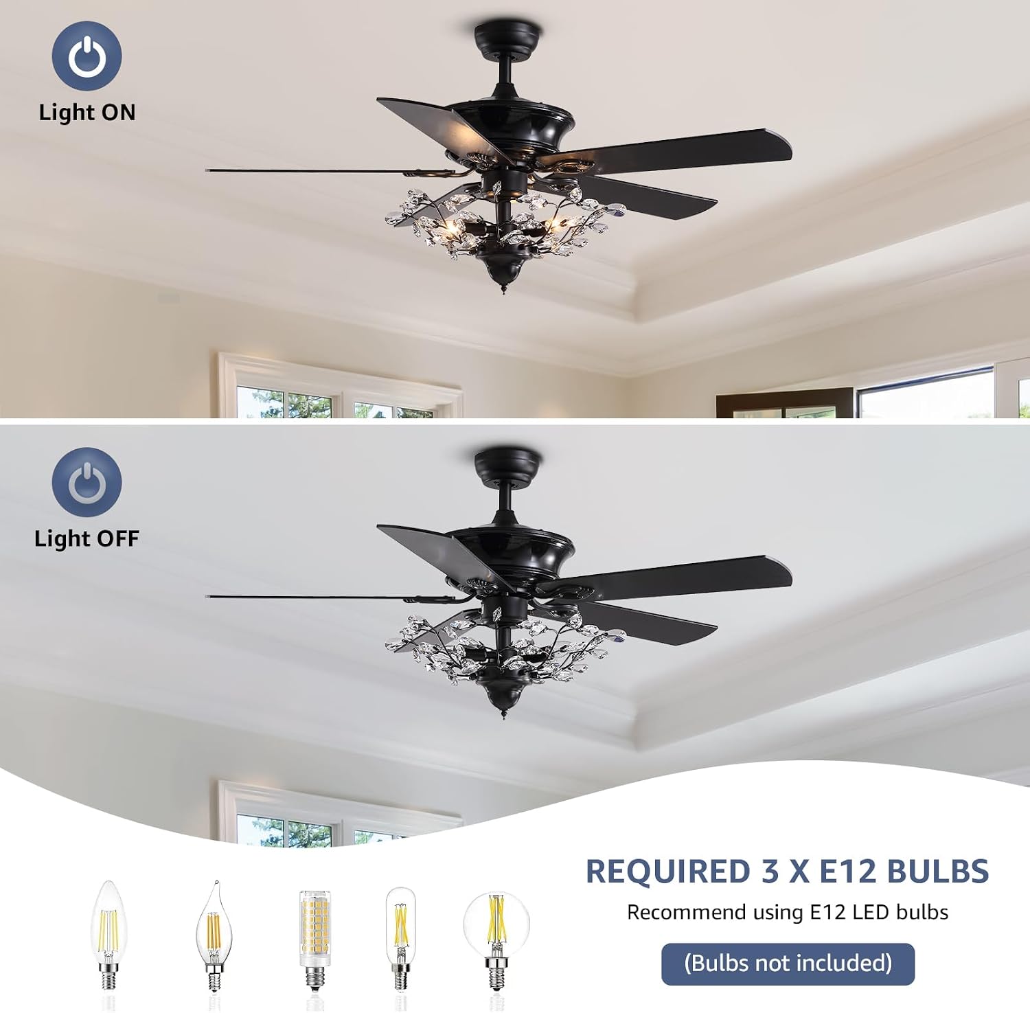 Modern Crystal Chandelier Ceiling Fan Gorgeous Reversible Ceiling Fan Light Fixture with Remote for Bedroom Living Room (Black-2, 50')