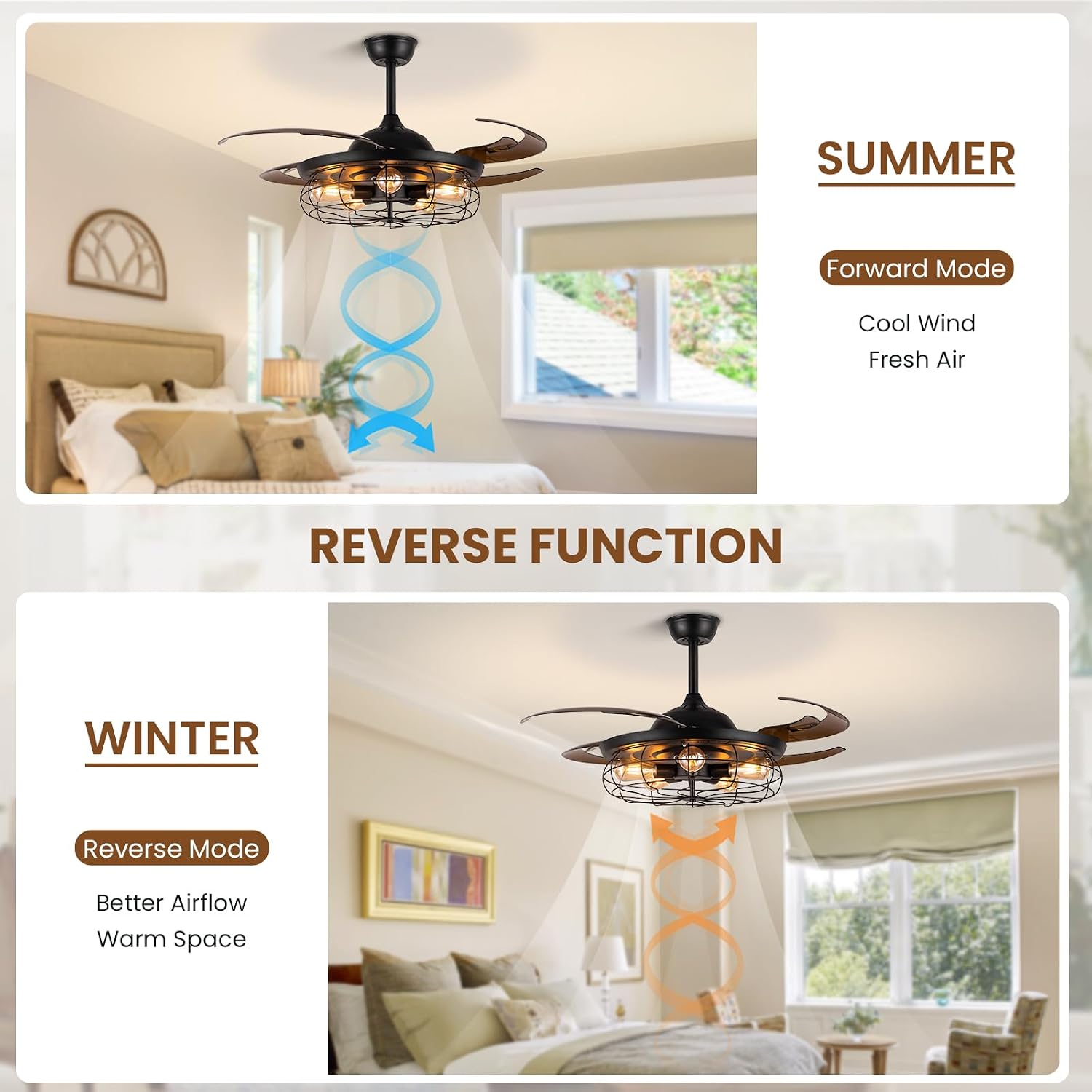 Siljoy Retractable Ceiling Fan with Lights Black Industrial Caged Ceiling Fan with Remote Controller Farmhouse Chandelier Fan with Lights for Living Room Bedroom Patio (48 Inches, 5 Lights)