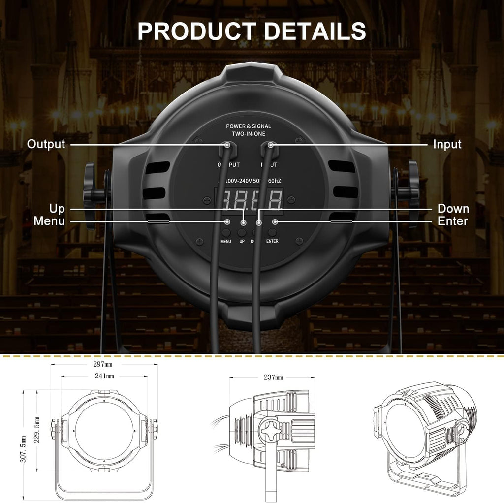 StageLights with Barn Doors - 100W COB LED Spotlights, Warm & Cold White Par Lights - DMX/Master-Slave DJ Lights, Church & Theater Spotlights