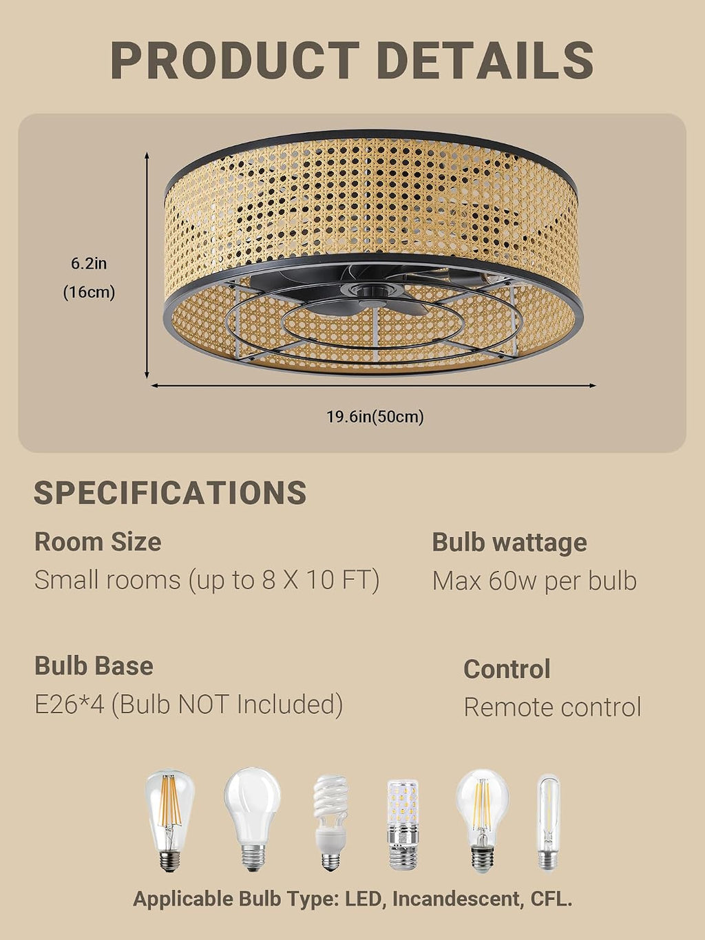 Boho Caged Ceiling Fan with Light, 20' Rattan Flush Mount Ceiling Fans with Lights Remote Contro, Bladeless Enclosed Fandelier Fan Safe for Bedroom, Living room, Nursery