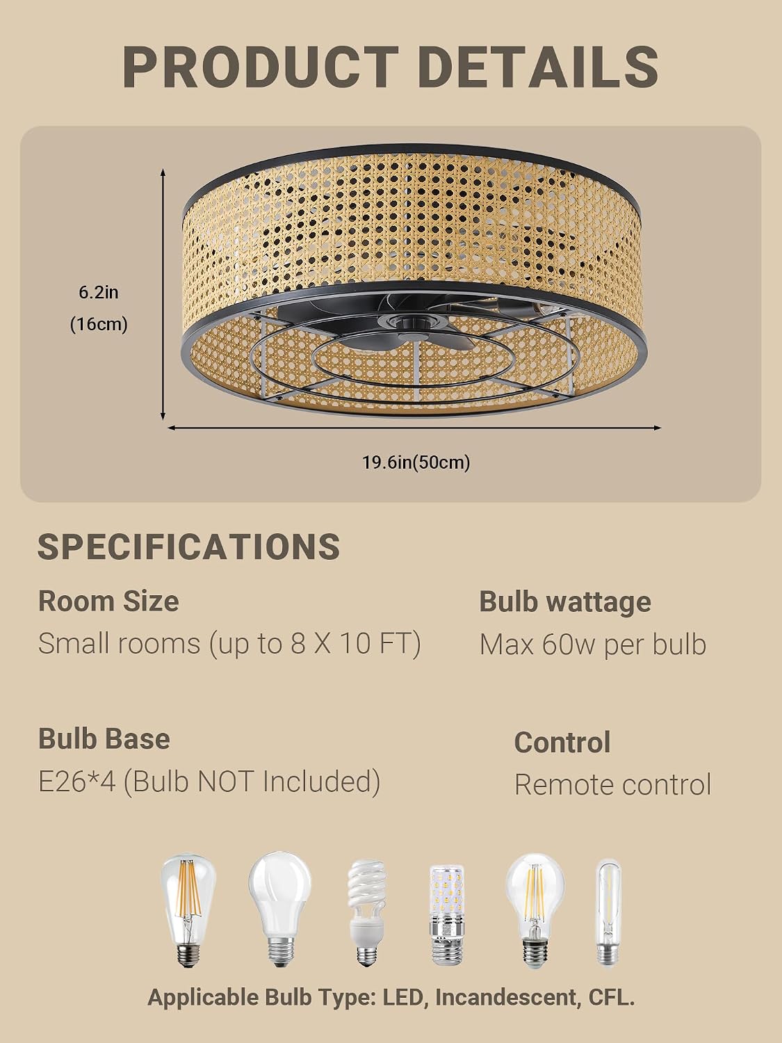 Boho Caged Ceiling Fan with Light, 20' Rattan Flush Mount Ceiling Fans with Lights Remote Contro, Bladeless Enclosed Fandelier Fan Safe for Bedroom, Living room, Nursery