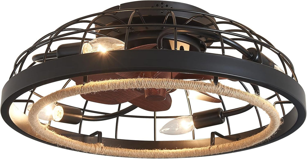 20' Boho Black Caged Ceiling Fan with Lights and Remote, Rustic Flush Mount Bladeless Ceiling Fan Low Profile, Small Farmhouse Hand Woven Rattan Ceiling Fan for Bedroom, Kitchen, Indoor