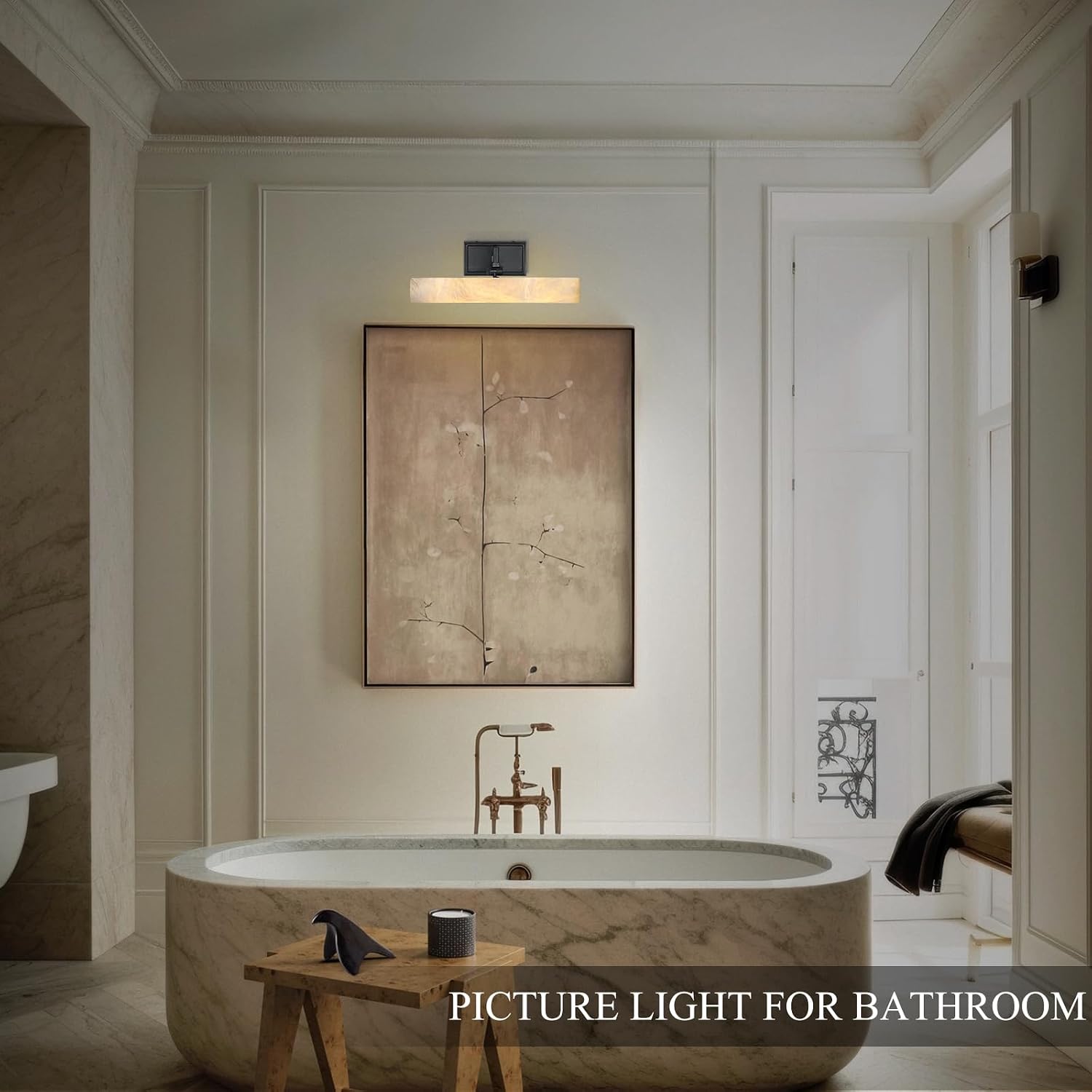 Alabaster Picture Light Hardwired, 12' Matte Black Art Light for Wall & Paintings, Real Spanish Marble Picture Frame Light, Dimmable LED Gallery Lighting, Bathroom Vanity Light Accent for Mirror Use