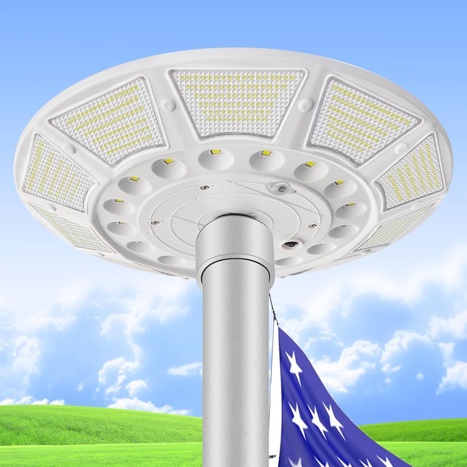Flagpole Solar Light 6000 Lumens Brightest 566 LED Flag Pole Light Solar Powered with DC Charge Port Last Up to 20 Hrs Outdoor Dusk to Dawn IP67 Waterproof for Most 15 to 40ft Flag Poles