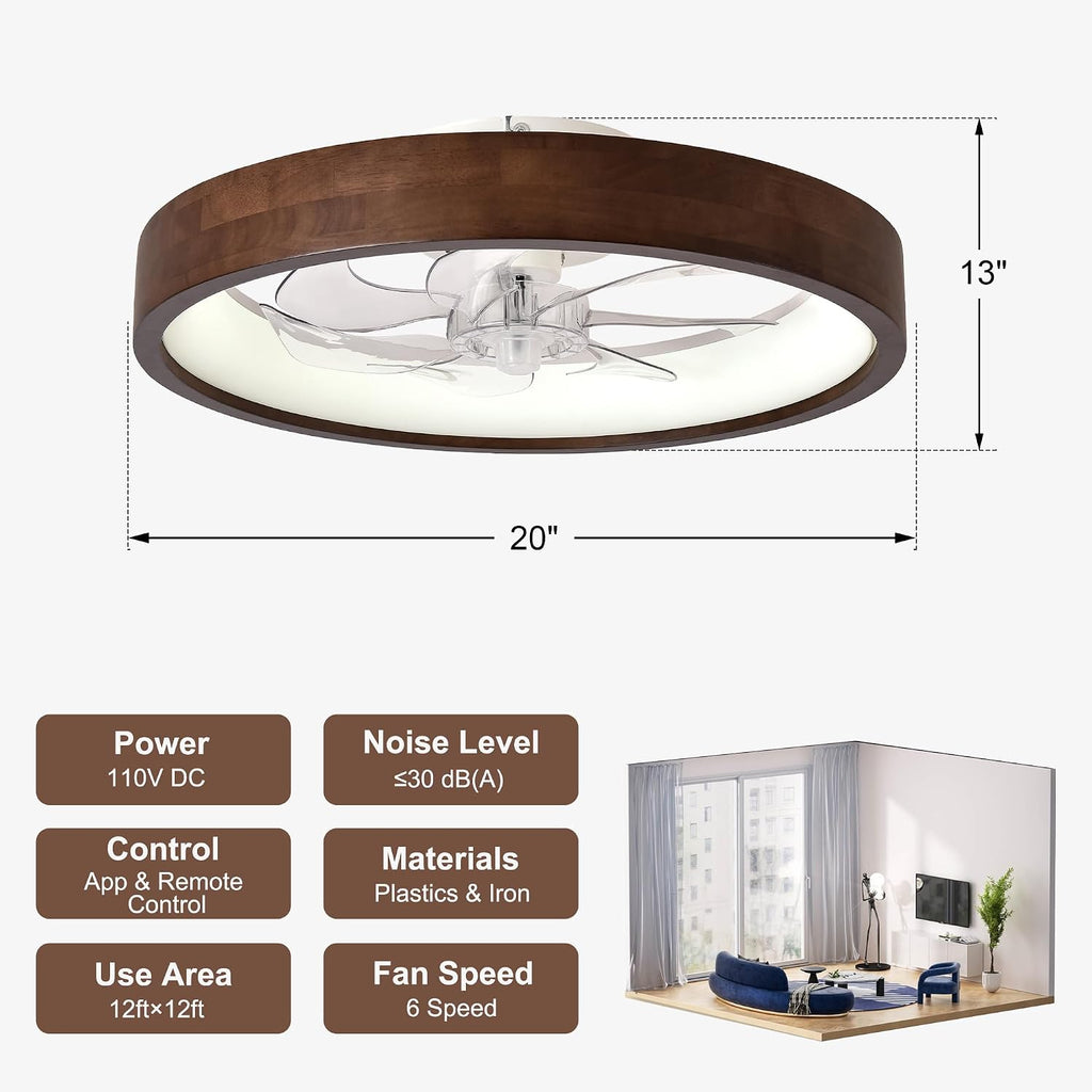20' Ceiling Fans with Lights,3 Color Dimmable LED,6 Speeds,Reversible Modern Dark Wooden Flush Mount Low Profile Ceiling Fans with Lights and Remote for Bedroom/Kidsroom/Dinng Room