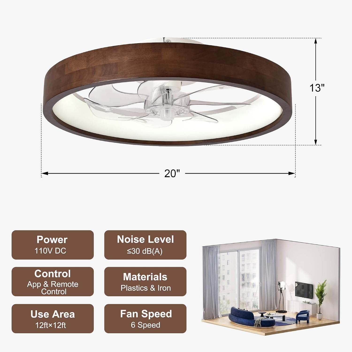 20' Ceiling Fans with Lights,3 Color Dimmable LED,6 Speeds,Reversible Modern Dark Wooden Flush Mount Low Profile Ceiling Fans with Lights and Remote for Bedroom/Kidsroom/Dinng Room
