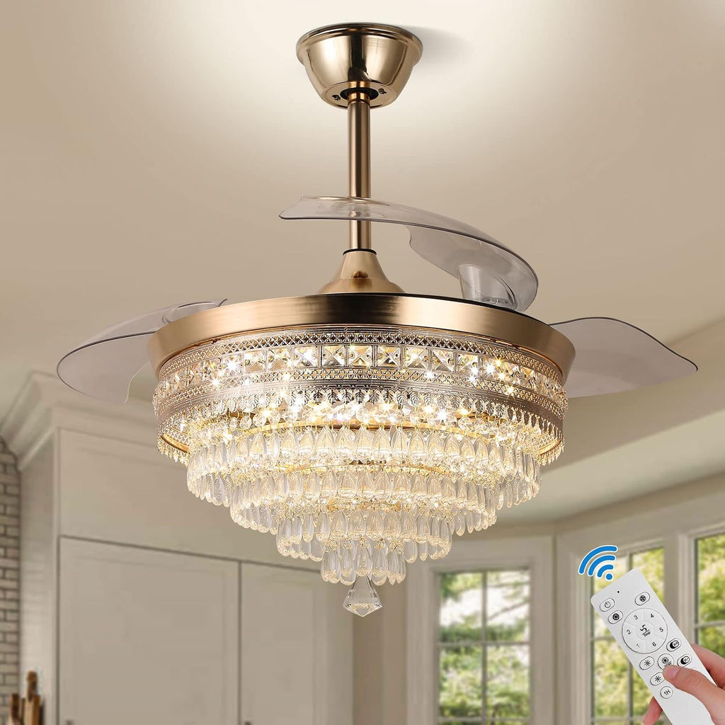 42' Gold Dimmable LED Fandelier with Light Modern LED Crystal Ceiling Fan with Light Invisible Fandeliers 3 in 1 Color with Memory Function