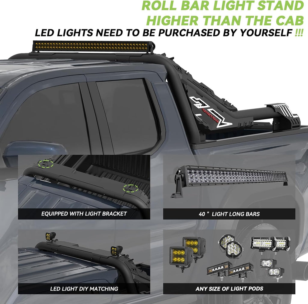 Heavy-Duty Roll Bar Compatible With Retractable Tonneau Covers With Rails | For Mid-Size Trucks Tacoma, Ranger, Colorado, Canyon, Frontier | Three installation methods No Drilling Installation