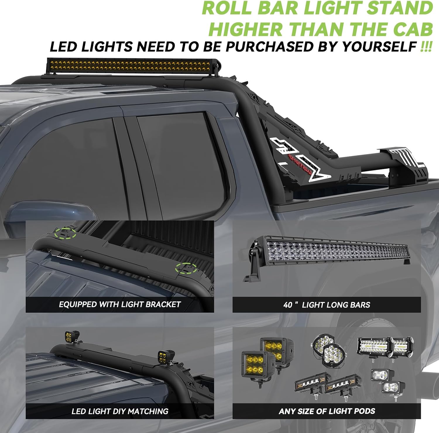 Heavy-Duty Roll Bar Compatible With Retractable Tonneau Covers With Rails | For Mid-Size Trucks Tacoma, Ranger, Colorado, Canyon, Frontier | Three installation methods No Drilling Installation