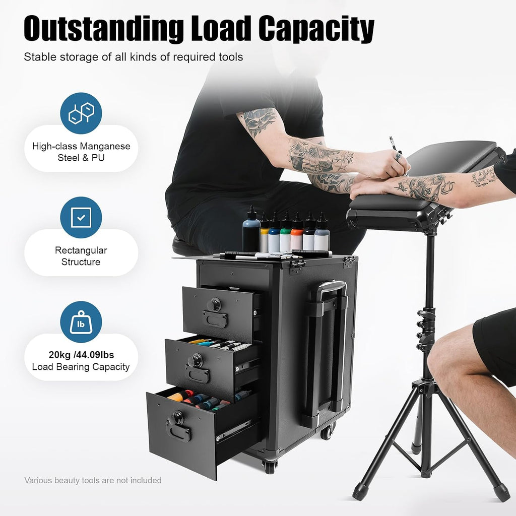 2 in 1 Tattoo Work Station - Manicure Embroidery Hairdressing Travel Case, Beauty Salon Station Suitcase With Lock, Rolling Makeup Trolley With Armrest Stand (Metal)