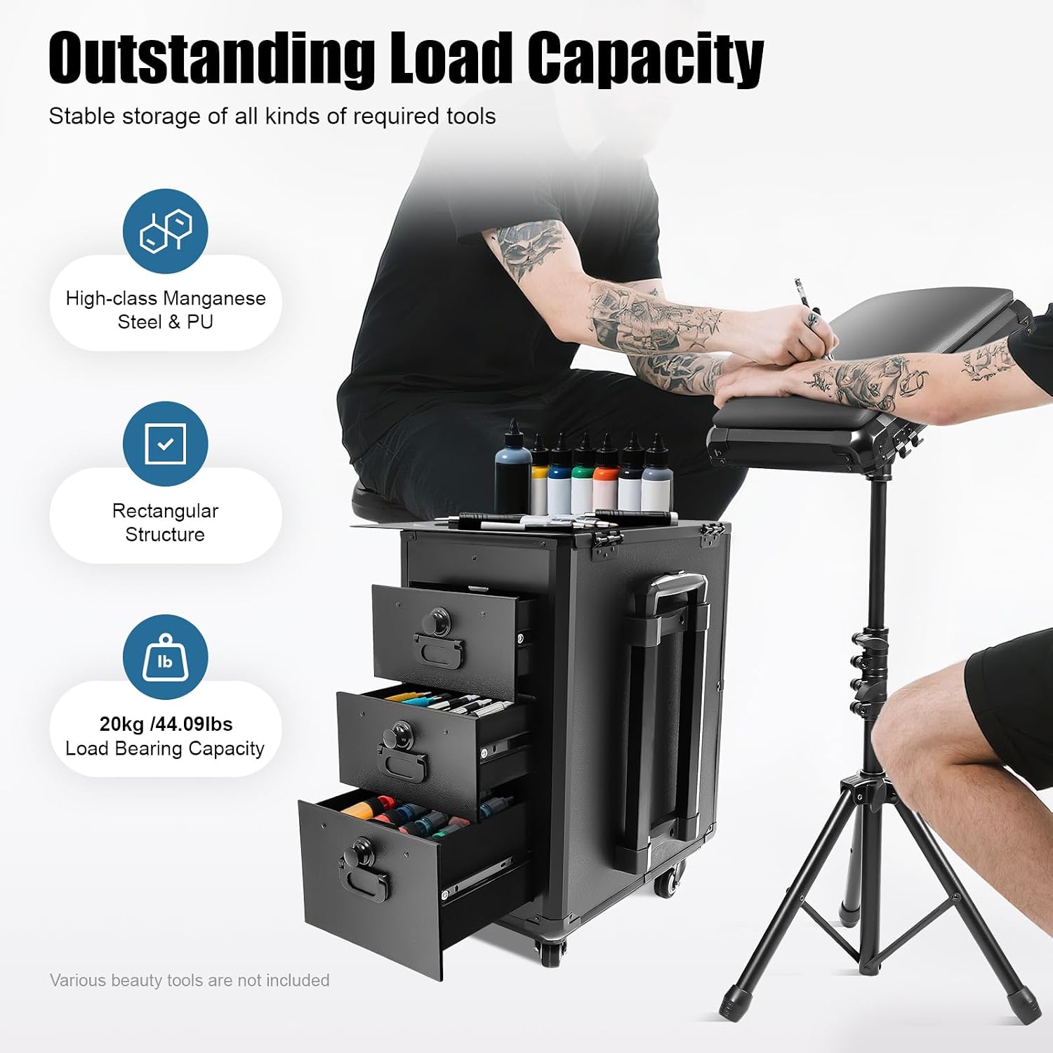 2 in 1 Tattoo Work Station - Manicure Embroidery Hairdressing Travel Case, Beauty Salon Station Suitcase With Lock, Rolling Makeup Trolley With Armrest Stand (Metal)