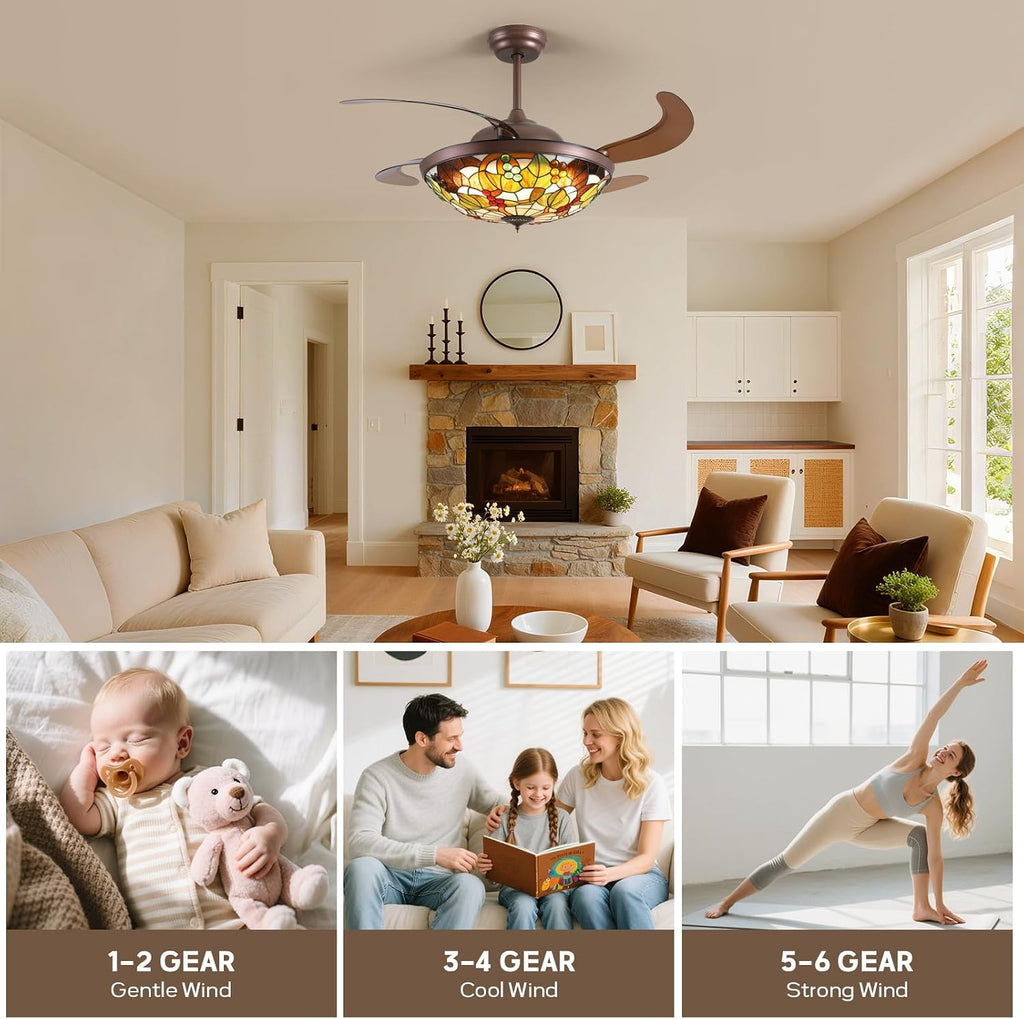 52 inch Tiffany Ceiling Fan with Light Stained Glass Fandelier with Retractable Blades 52' Vintage Ceiling Fan Light Dimmable LED Fandelier for Bedroom and Living Room