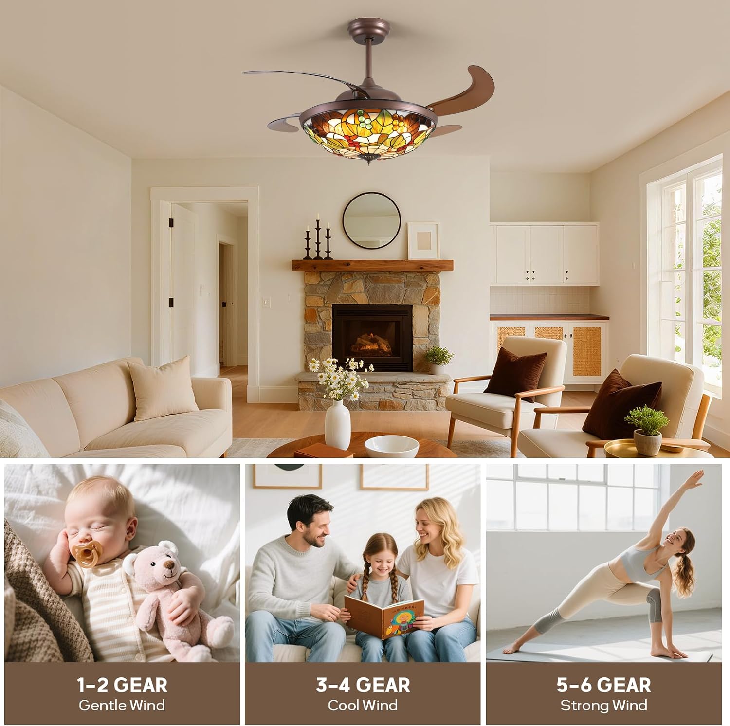52 inch Tiffany Ceiling Fan with Light Stained Glass Fandelier with Retractable Blades 52' Vintage Ceiling Fan Light Dimmable LED Fandelier for Bedroom and Living Room