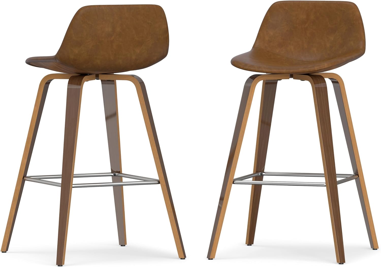 SIMPLIHOME Randolph Counter Stools (Set of 2) - 28 Inch Seat Height Upholstered Bentwood Kitchen Seats in Deep Tan Vegan Faux Leather, Mid Century Modern Seating with Curved Backrest and Footrest
