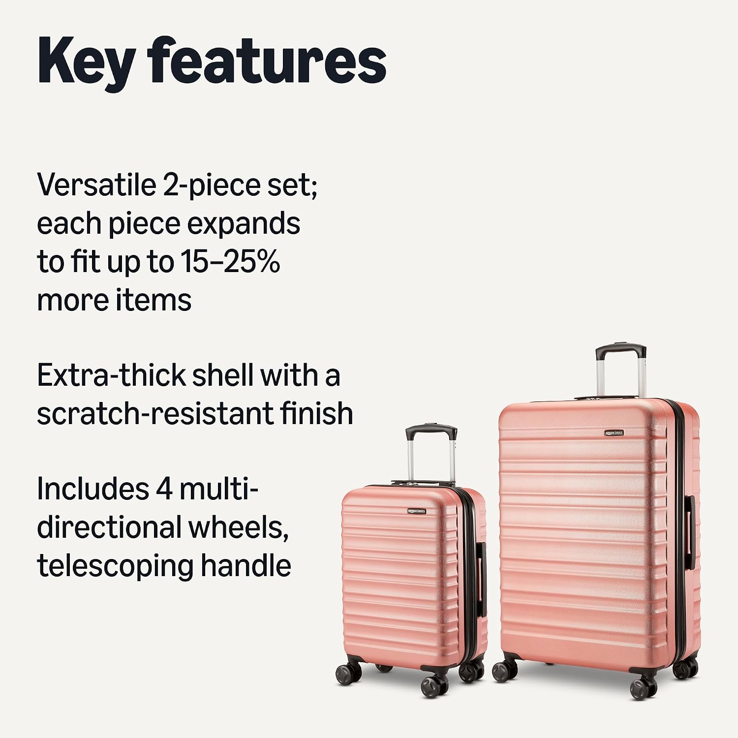 Amazon Basics 2-Piece Hardshell Suitcases Set (21', 30'), Expandable Travel Luggage with Scratch-Resistant Surface, Four Multi-directional Wheels, Telescopic Handle, Rose Gold