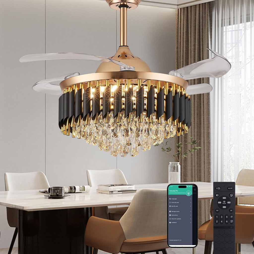 42' Dimmable Gold Fandelier Crystal Ceiling Fans with Lights and Remote Modern Retractable Blade Chandelier Ceiling Fans for Bedroom Dinning Room Living Room