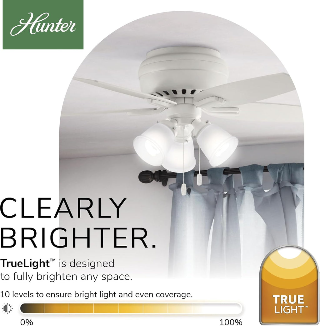 Hunter 42 inch Indoor Ceiling Fan with LED Lights - White Ceiling Fan with Pull Chain, For Bedroom or Living Room, Low Profile Flush Mount, No Remote, 5 Blades - Newsome 51077, Fresh White