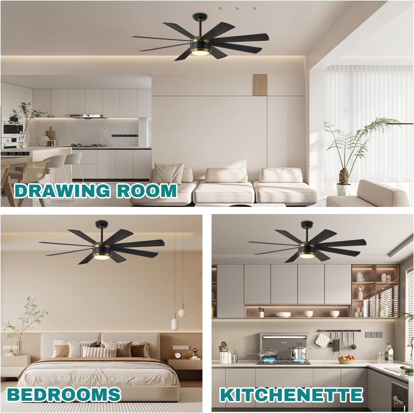 SHOWDI Ceiling Fans with Lights and Remote, Black Gold 60 in | 2 Blade Color, Metal Material, App Remote Control, Timer, Reversible, 3CCT, Dimmable for Bedroom, Living room, Indoor