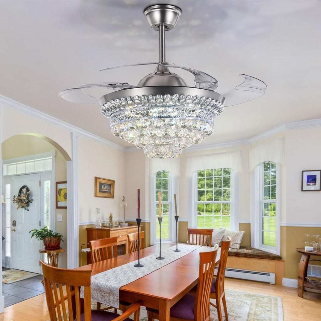 BIGBANBAN 42' Crystal Ceiling Fan with Light Remote Control, Silver Retractable Chandelier Fan 3 Colors LED Light 3 Speeds Modern Fandelier Chandelier for Living Room Bedroom