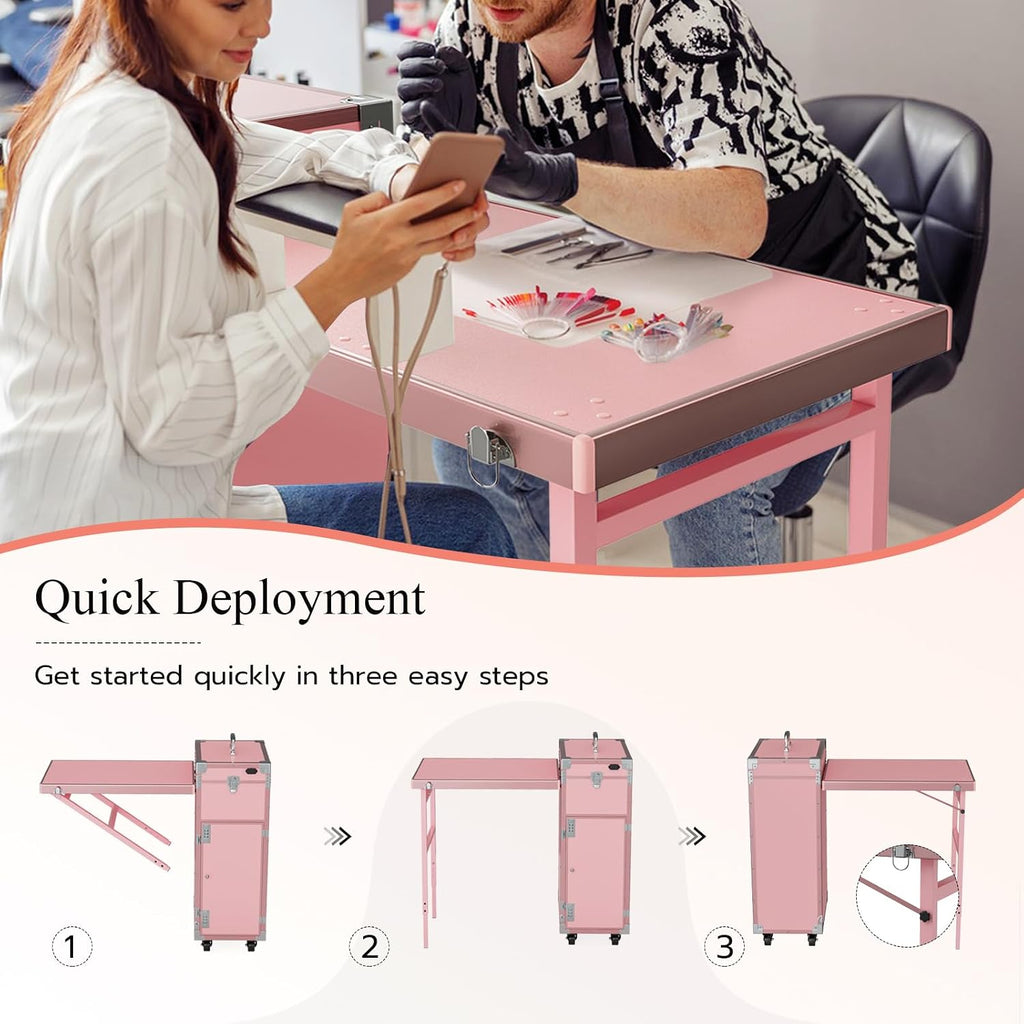 Icoget Portable Rolling Manicure Table for Nail Teach, Foldable Traveling Nail Desk w/Storage, Mobile Manicure Table w/Audio and Mirror, Makeup Train Case Cosmetic Trolley, Pink
