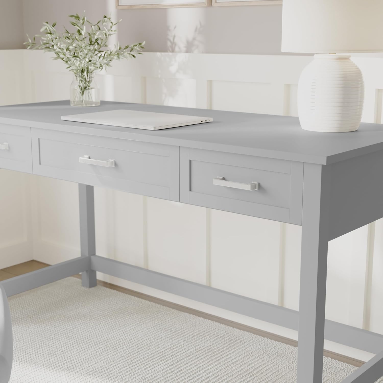 Martha Stewart Hutton Shaker Style Home Office Desk with 3 Drawers in Gray with Brushed Nickel Hardware