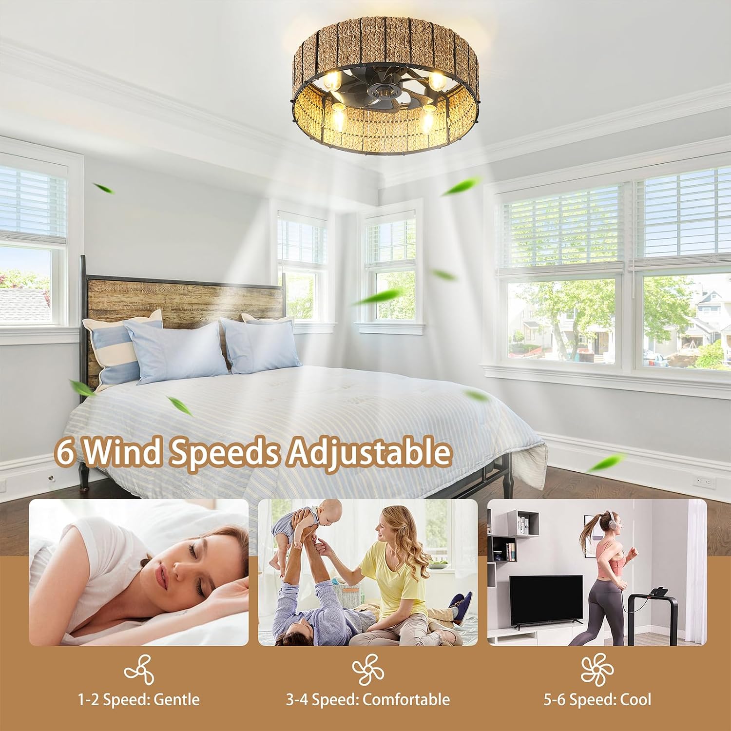 Ganeed 20' Boho Ceiling Fan with Light, Handwoven Rattan Caged Ceiling Fan with Light and Remote, Low Profile 6 Speeds Enclosed Flush Mount Fandelier for Bedroom Kids Room Nursery Living Room