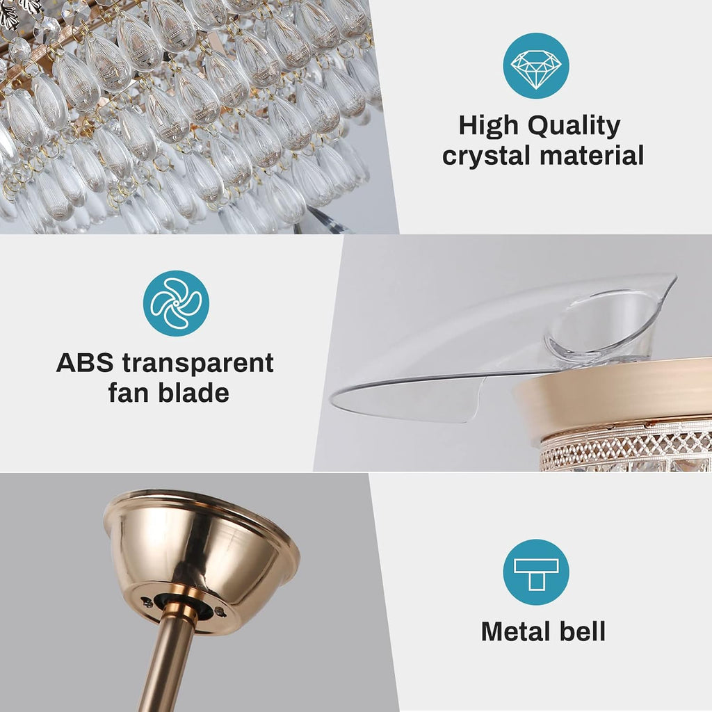 42' Gold Dimmable LED Fandelier with Light Modern LED Crystal Ceiling Fan with Light Invisible Fandeliers 3 in 1 Color with Memory Function