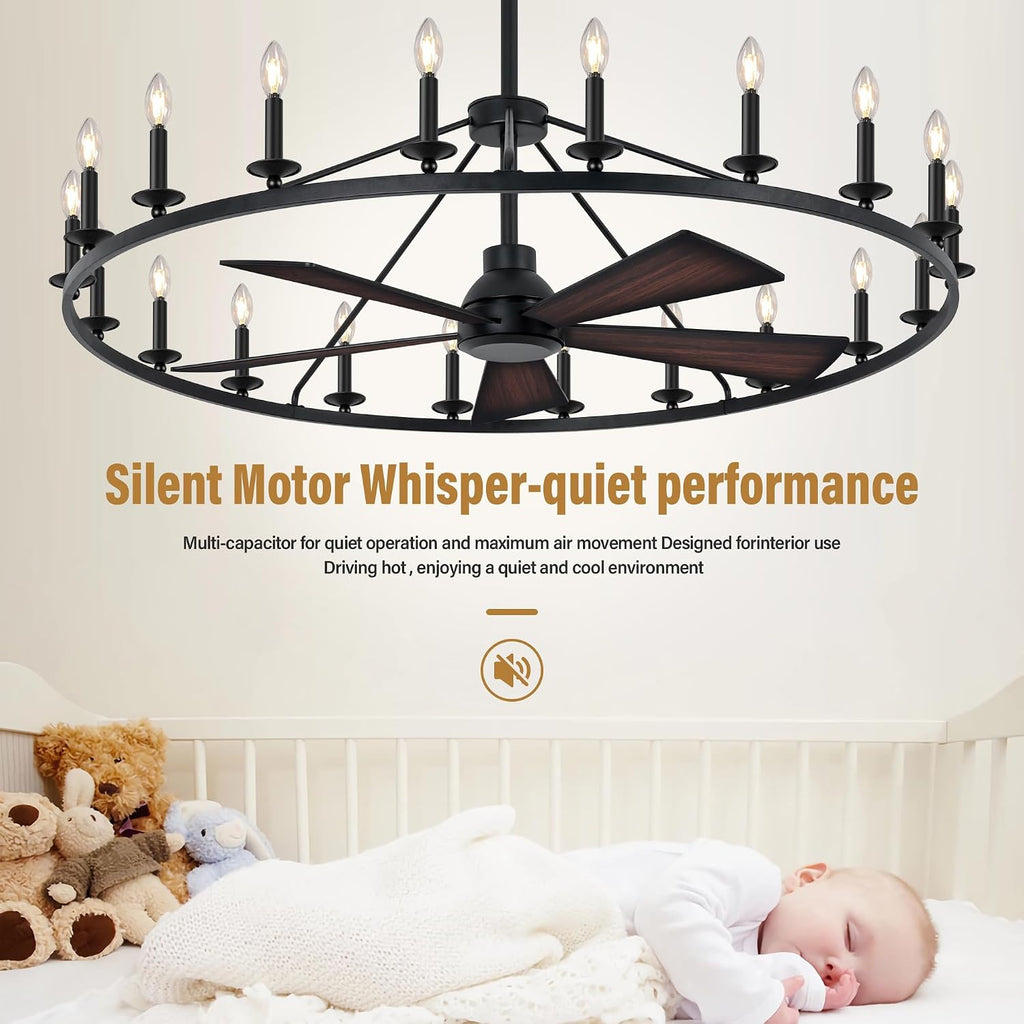 COCOSTAR 50' Black Wagon Wheel Chandelier with Fans, Farmhouse Ceiling Fan with 20-Lights and Remote, Adjustable Height, Rustic Large Fandelier for Living Room, 6-Speed Reversible Big Fandelier