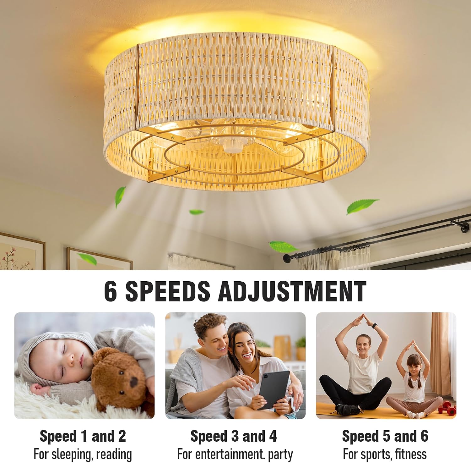 Caged Ceiling Fans with Light,Rattan Flush Mount Ceiling Fan with Light and Remote Control, Boho Fandelier Ceiling Fan 6 Speeds for Bedroom, Living Room, Kitchen, Nursery, Porch