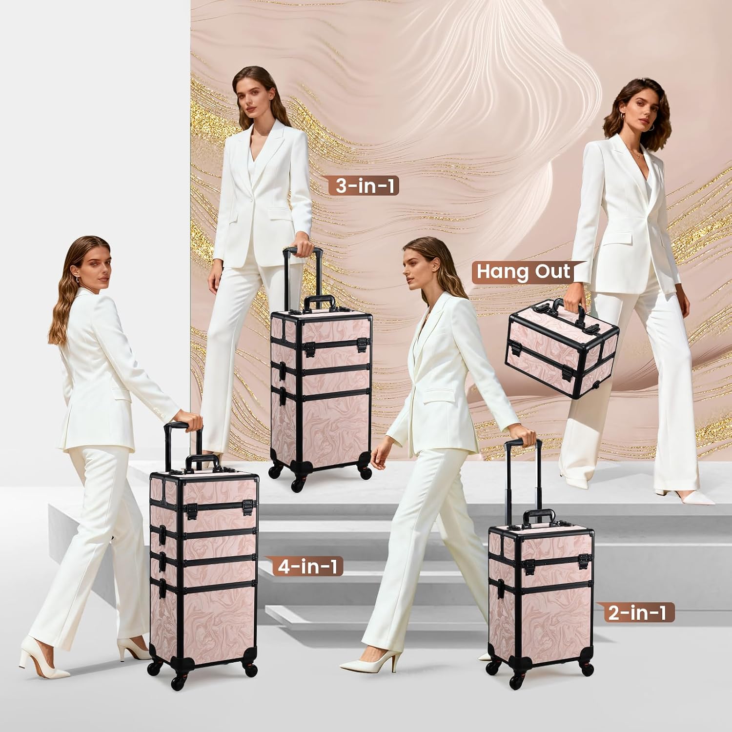 Stagiant Rolling Makeup Case 4 in 1 Cosmetology Case on Wheels Makeup Travel Case with Cosmetic Bag Key Swivel Wheels Salon Barber Case Traveling Cart Trunk Cosmetic Trolley Alpine Pink