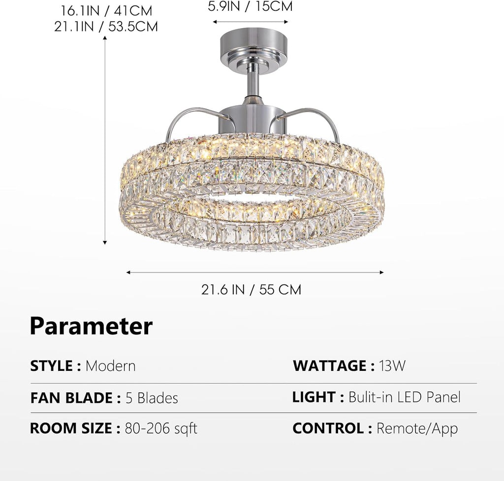 LUDOMIDE Crystal Ceiling Fans with Lights, 21' Fandelier Ceiling Fan with Light and Remote 6-Speed Wind, Dimmable LED, Chandelier Ceiling Fan for Bedroom Dining Room Living Room