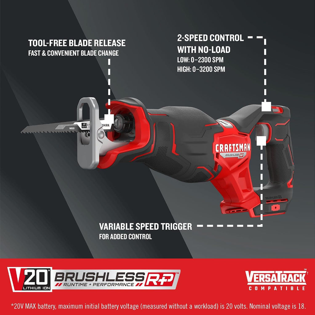CRAFTSMAN V20 RP Cordless Reciprocating Saw, 8 Inch (CMCS351B) with Battery and Charger (CMCB204-2CK)
