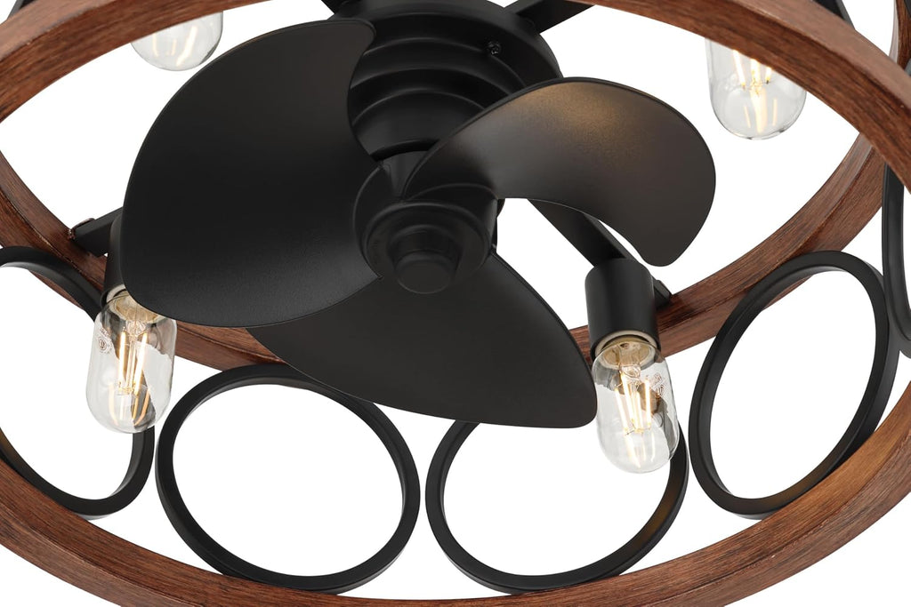 Hunter Haven 22 inch Indoor Fandelier Caged Ceiling Fan with Light and Remote, Matte Black Ceiling Fan with Wood Accents, Industrial Farmhouse Style for Bedrooms, Living Rooms, and Home Offices, 50105