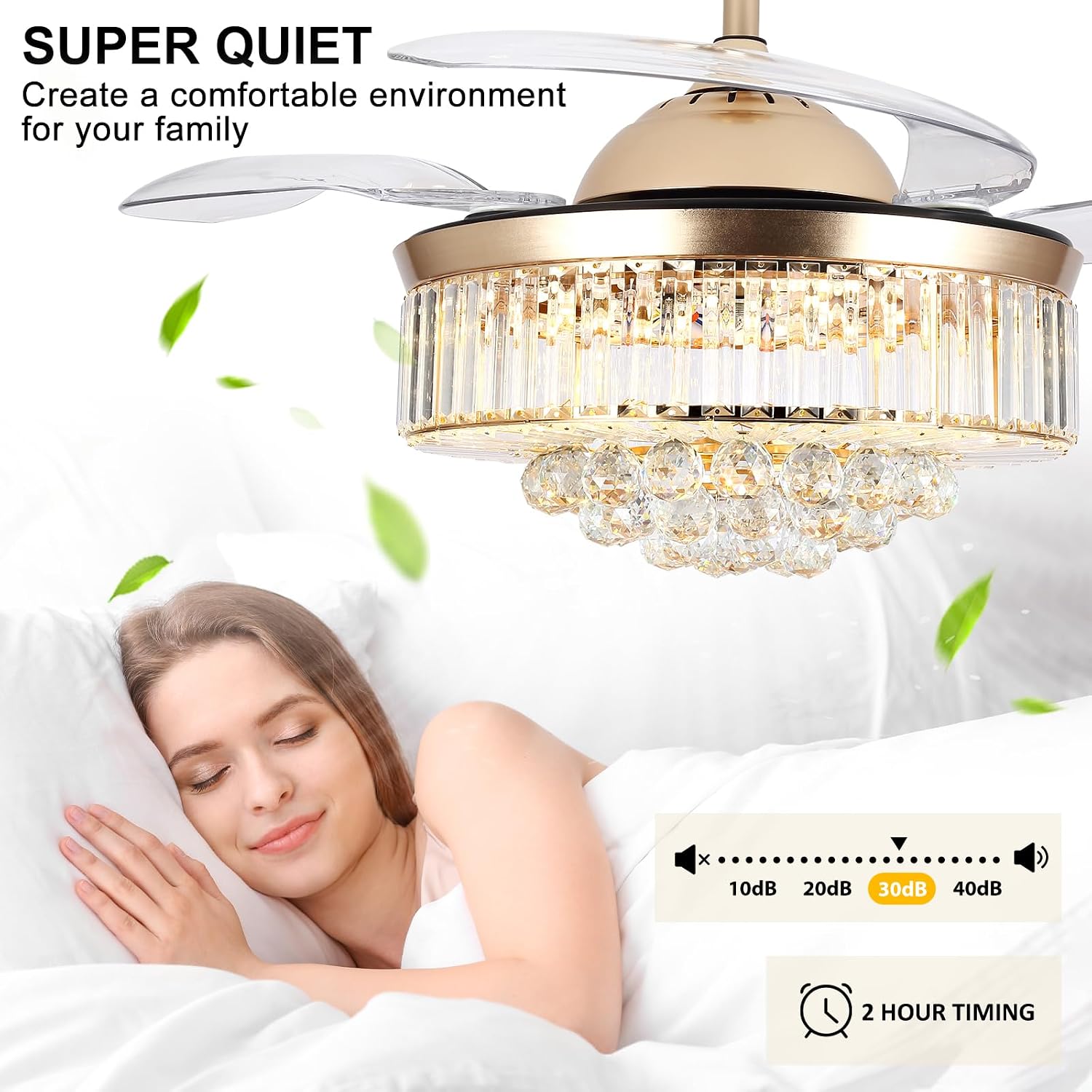 Bavnnro 42'' Fandelier Ceiling Fans with Light, Gold Retractable Crystal Chandelier Fan, Reversible, Remote Control, Dimmable Ceiling Light Kits for Dining Living Room, Bedroom
