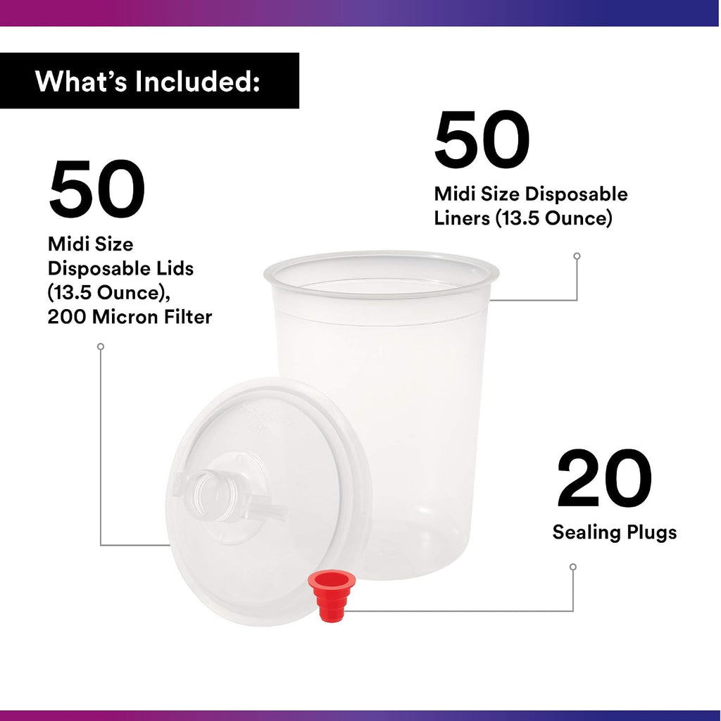 3M PPS (Original Series) Paint Spray Gun Cup Lids and Liners Kit, 16112, Midi, 13.5 oz, 200-micron Filter, Use w/ Paint Gun for Cars, Furniture, Home, 50 Disposable Lids and Liners, 20 Sealing Plugs