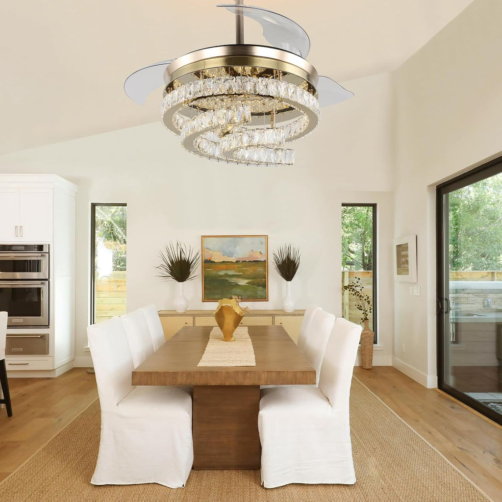 42'' Dimmable Ceiling Fan with Light and Remote Crystal Modern Chandelier Fan Retractable Fandelier with Memory, Silent Motor, 6 Speed, 3 Color Change, Timer Function(Gold)