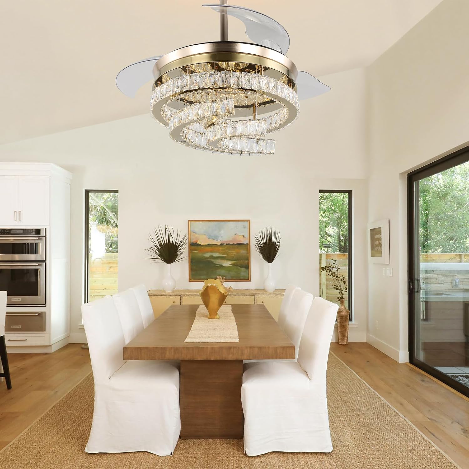 42'' Dimmable Ceiling Fan with Light and Remote Crystal Modern Chandelier Fan Retractable Fandelier with Memory, Silent Motor, 6 Speed, 3 Color Change, Timer Function(Gold)