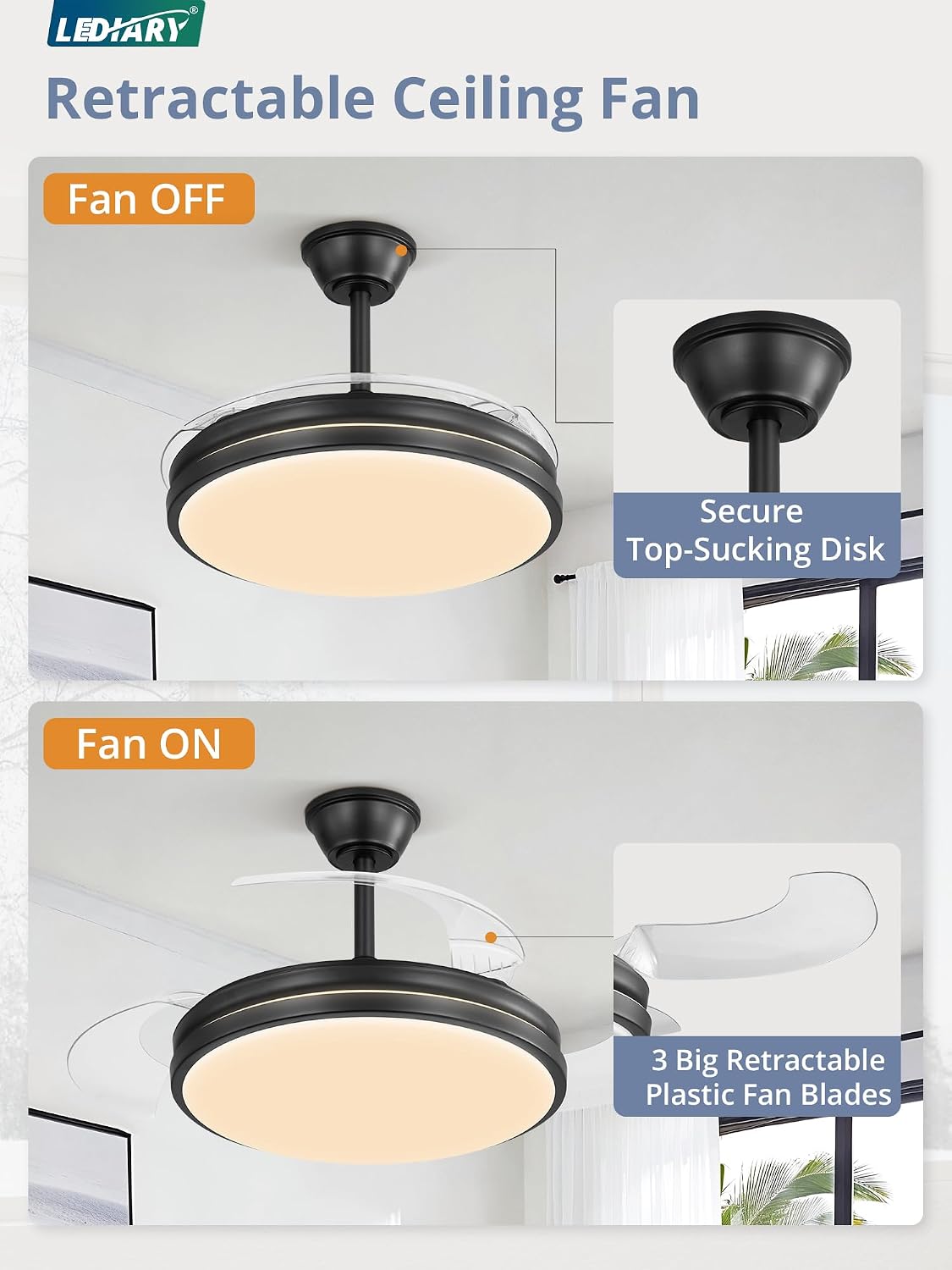 LEDIARY Retractable Ceiling Fan with Lights and Remote & APP Control, 42 Inch Fandelier Ceiling Fan with Light, 6 Speed Dimmable Reversible Memory, Modern Silent Smart Fan for Bedroom Living Room