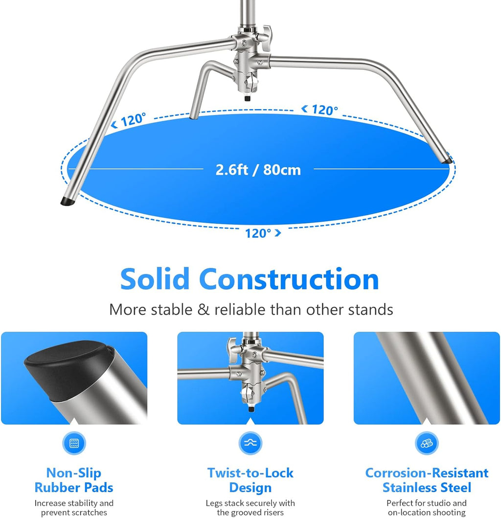 NEEWER Pro 100% Stainless Steel Heavy Duty C Stand with Boom Arm, Max Height 10.5ft/320cm Photography Light Stand with 4.2ft/128cm Holding Arm, 2 Grip Head for Studio Monolight, Softbox, Reflector