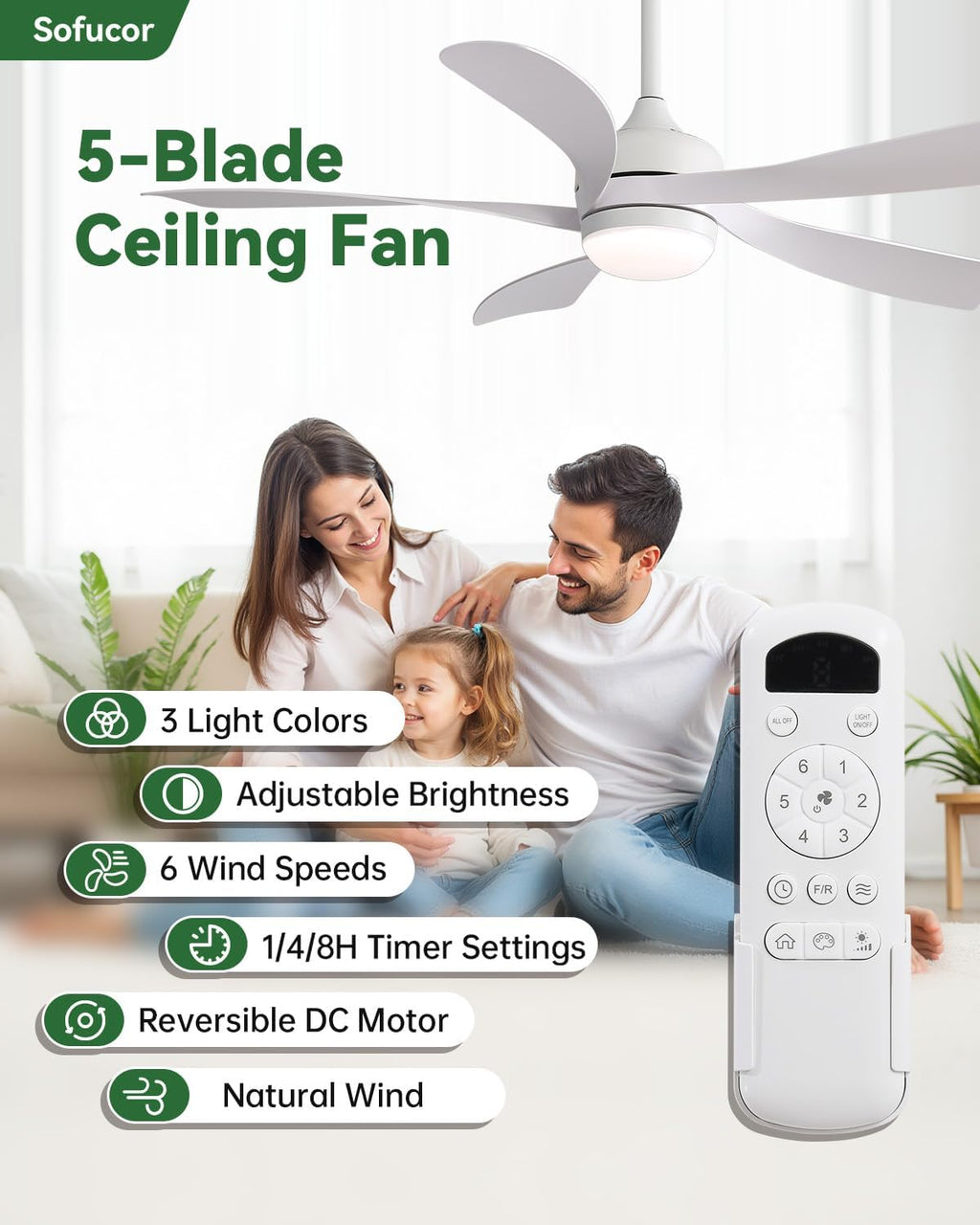 Sofucor 52 Inch Ceiling Fans with Lights and Remote, Outdoor Ceiling Fan with Light 6-Speed 3 CCT 3-Timer, White Low Profile Ceiling Fan 5 Blade Reversible DC Motor for Living Room Bedroom Patio