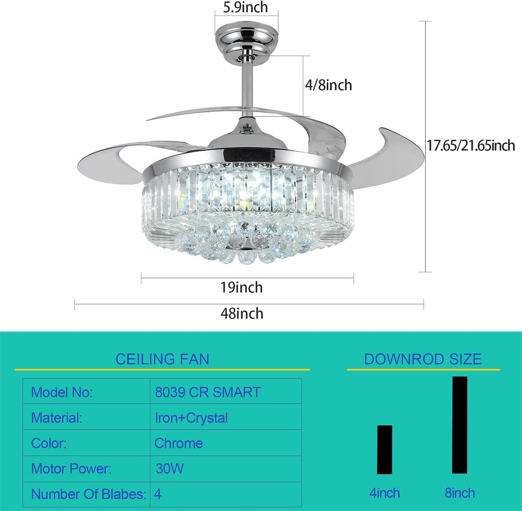 48' Fandelier Ceiling Fan with Light,Silver Retractable Ceiling Fans with Remote Control,RGB Chandelier Ceiling Fan with 6-Speed Reversible Blades,APP Control