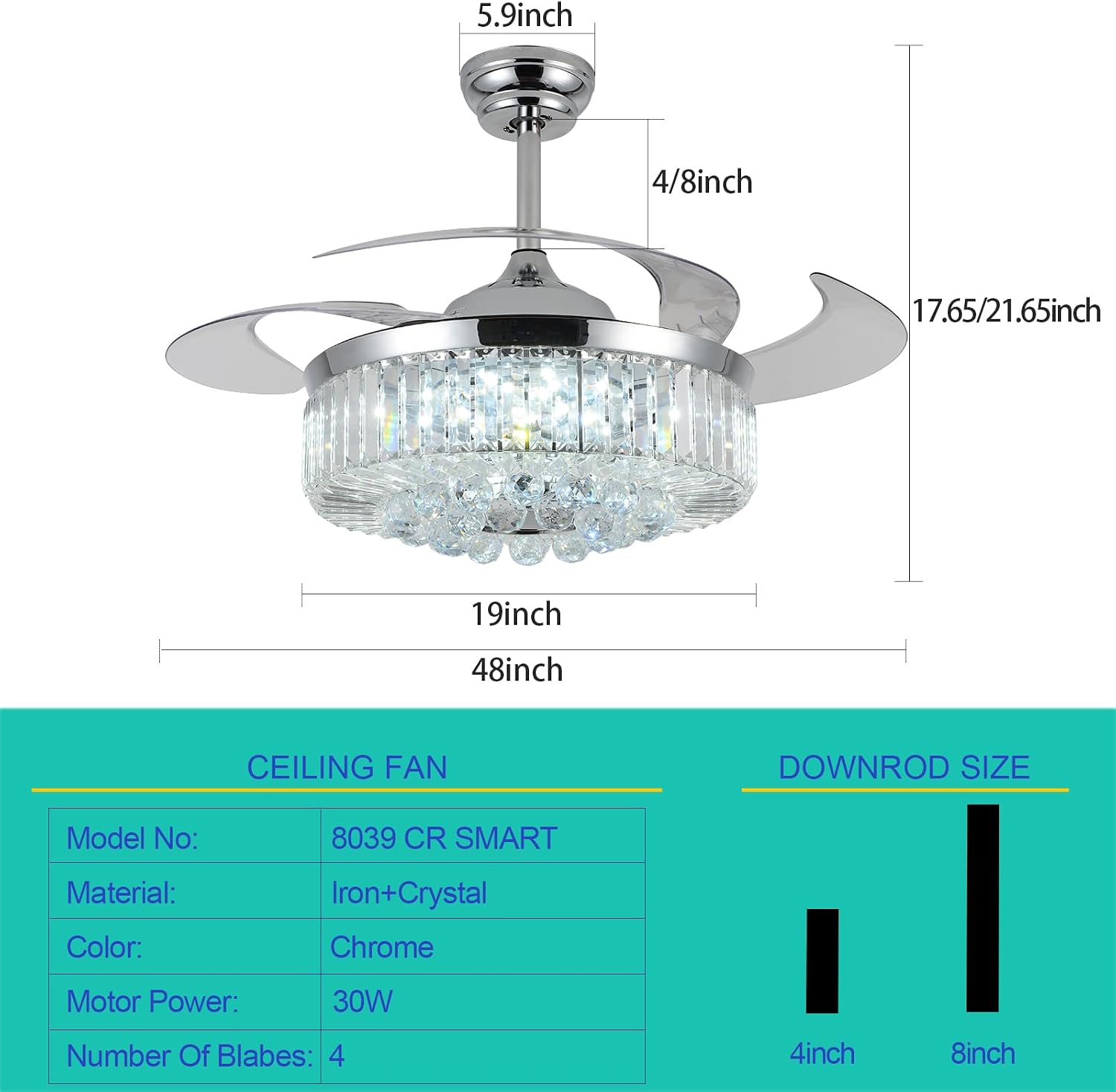 48' Fandelier Ceiling Fan with Light,Silver Retractable Ceiling Fans with Remote Control,RGB Chandelier Ceiling Fan with 6-Speed Reversible Blades,APP Control