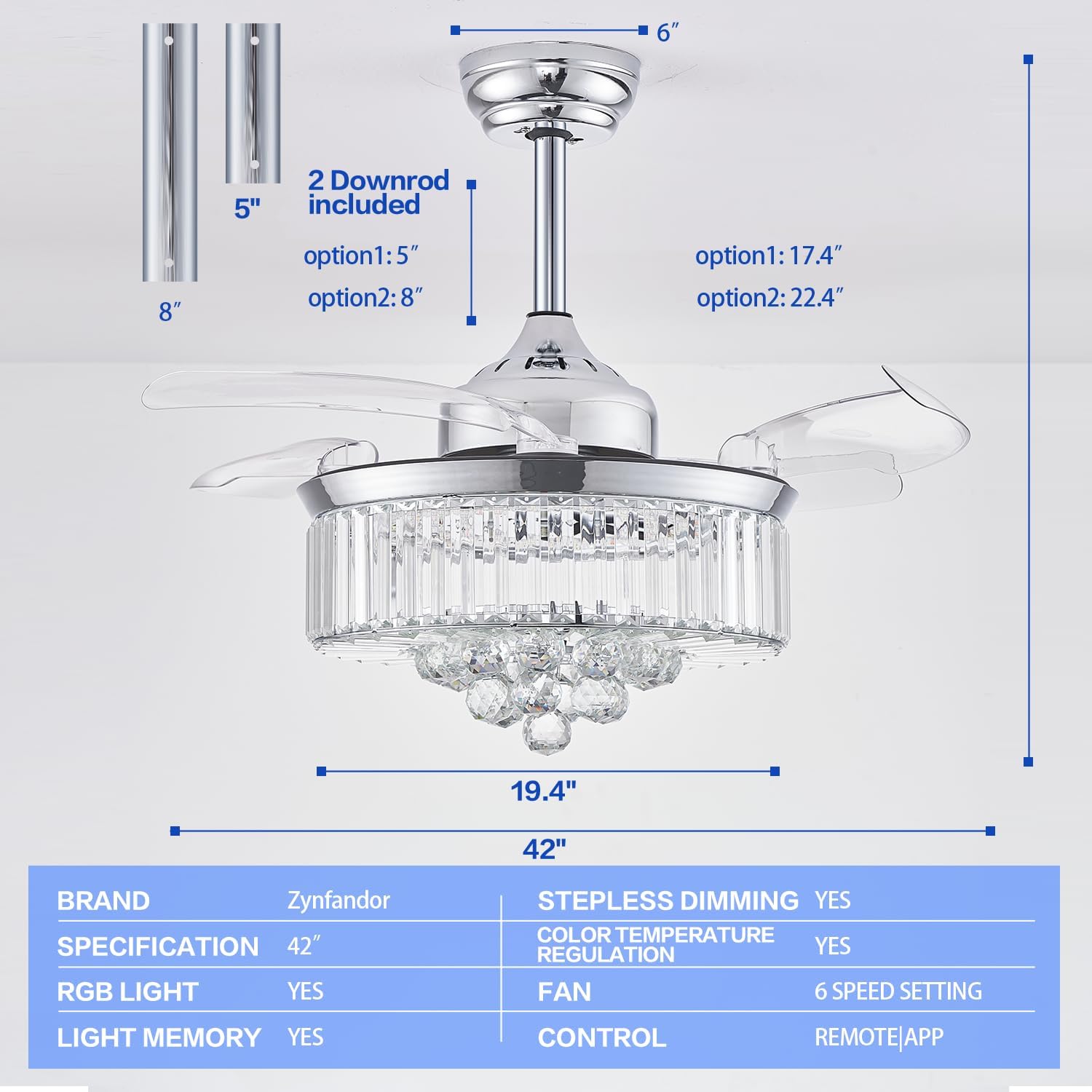 42' RGB Bluetooth Fandelier Ceiling Fan,Crystal LED Chandelier, Retractable Blades 6-Speed Music Player Remote APP Control Silver